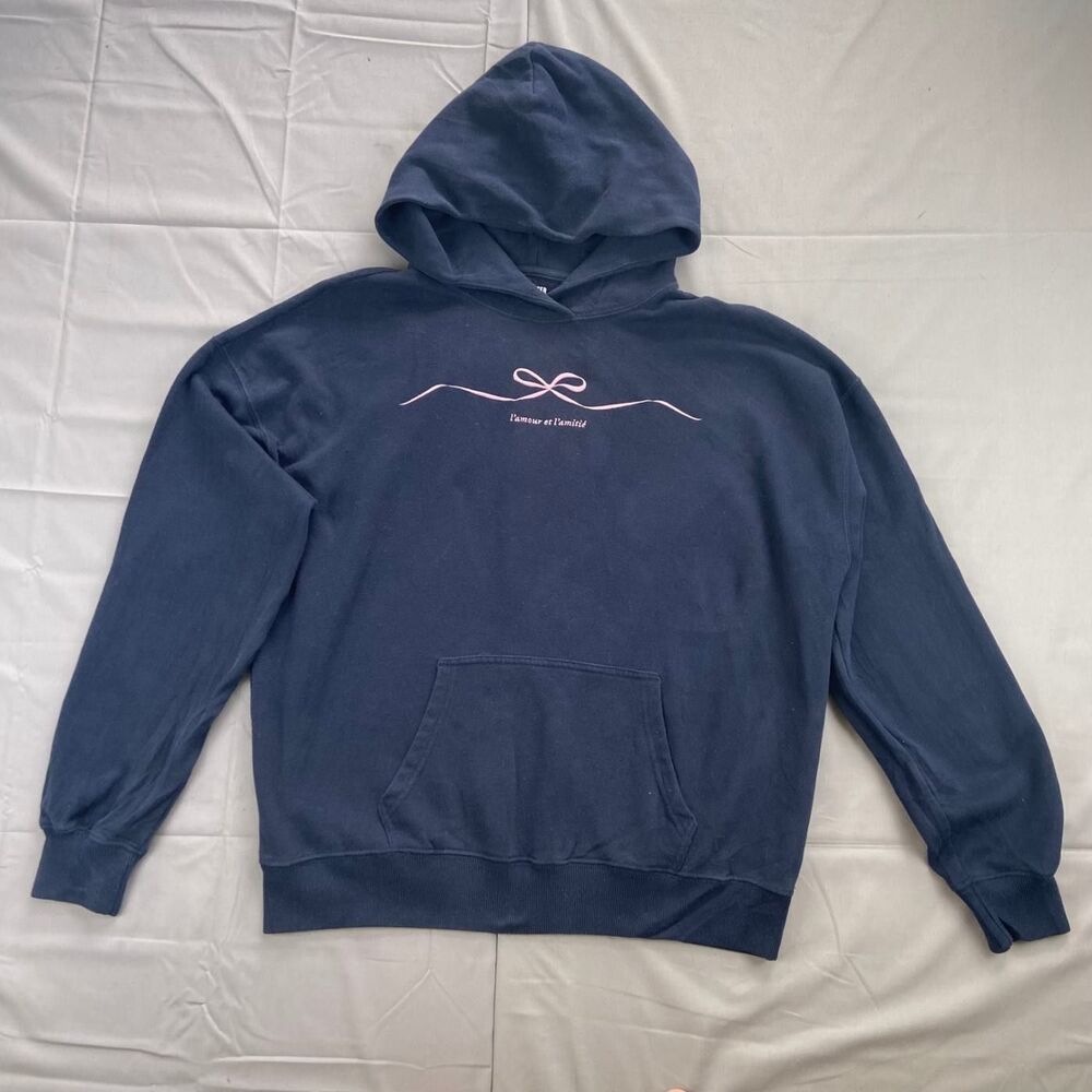 Hollister Women's S Navy Blue Pullover Hoodie Pink Bow Love Embroidery 60 Cotton